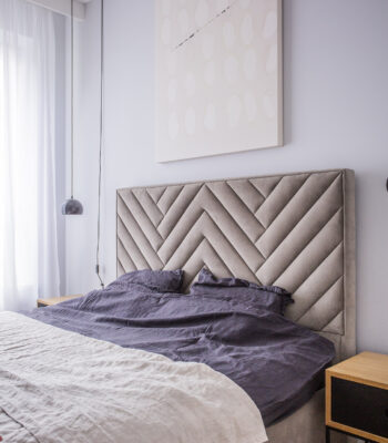 eleganckie łóżko tapicerowane w jodełkę